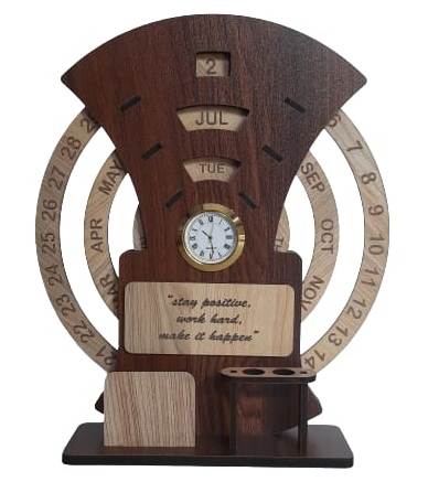Wooden Calendar Clock Desk Organizer