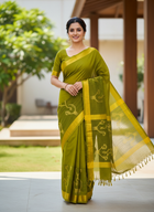 Olive Green Cotton Silk Saree with Warli Art & Golden Yellow Border