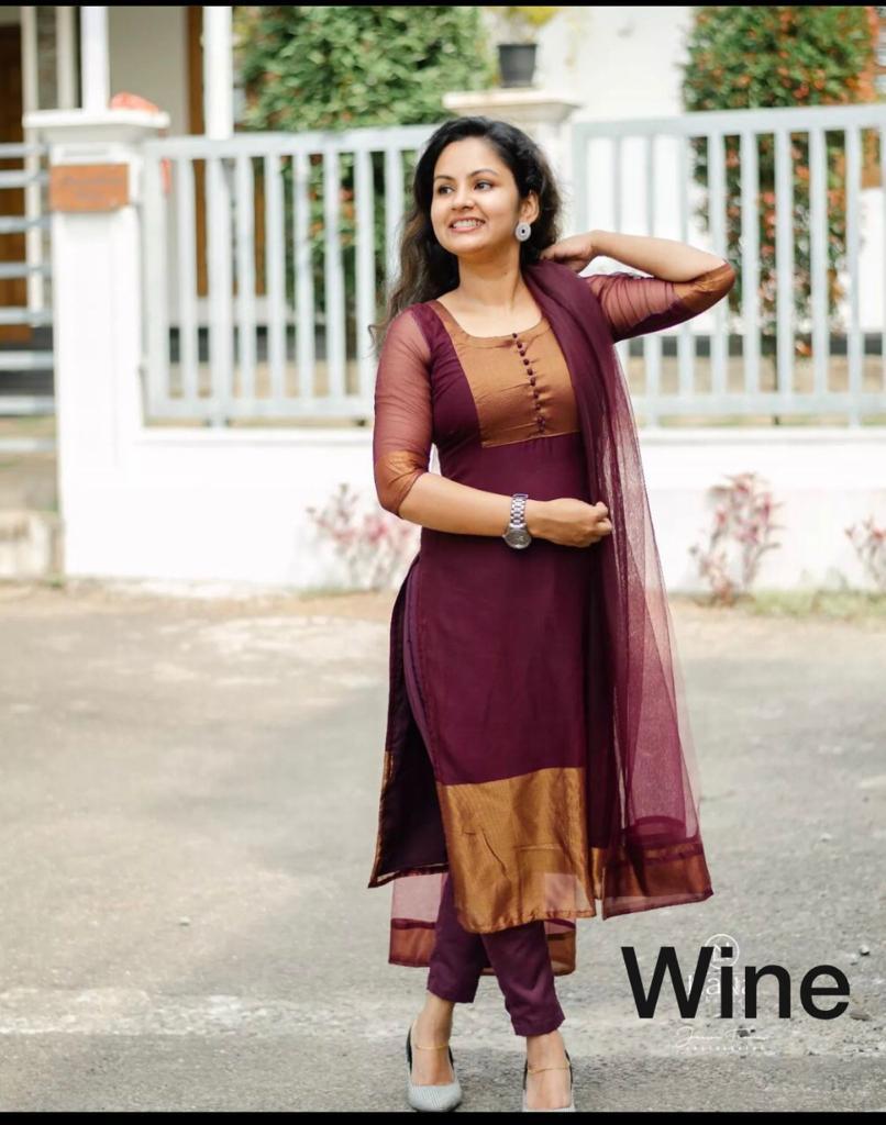 Premium Wine Chiffon Jacquard Kurti Pant Set with Net Dupatta – Elegant 3-Piece Stitched Suit for Women