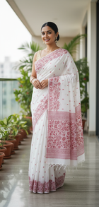 Elegant White Block Print Cotton Saree with Red Floral Border