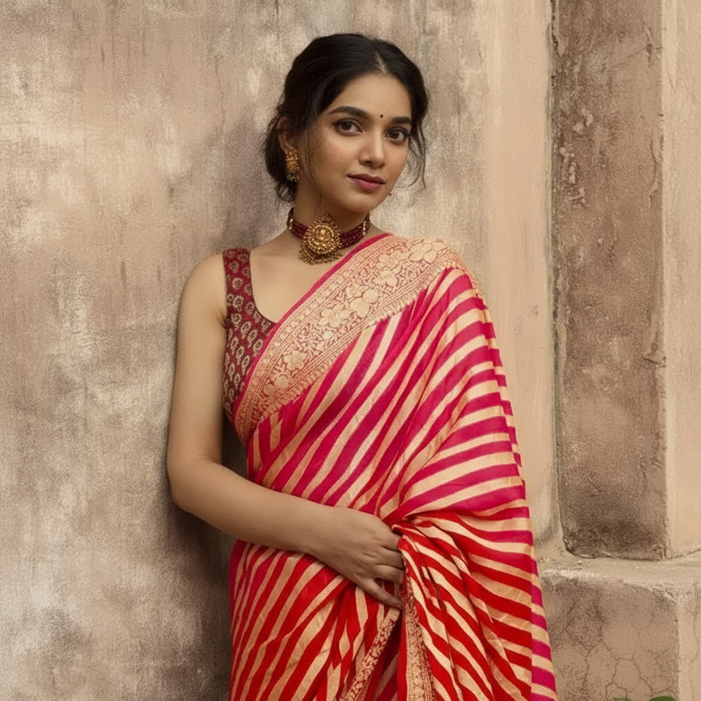 Vibrant Red Jacquard Striped Leheriya Saree – Traditional Woven Zari Border Saree for Women with Blouse Piece (6.3M)