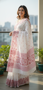 Elegant White Block Print Cotton Saree with Red Floral Border