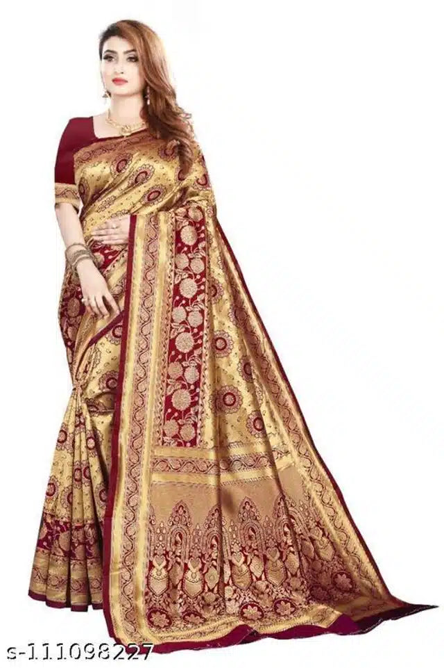 Majestic Gold & Dark Red Banarasi Silk Saree – Traditional Woven Zari Design with Bridal Pallu and Blouse Piece (6.3M)