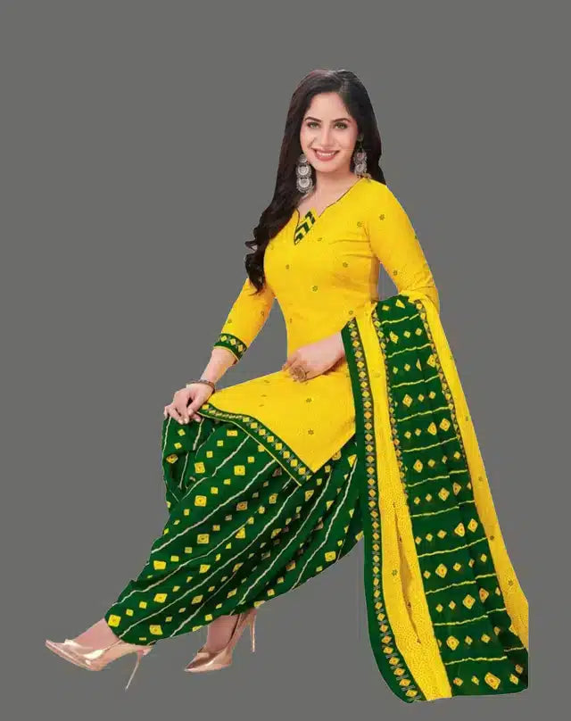 Yellow Green Crepe Printed Dress Material