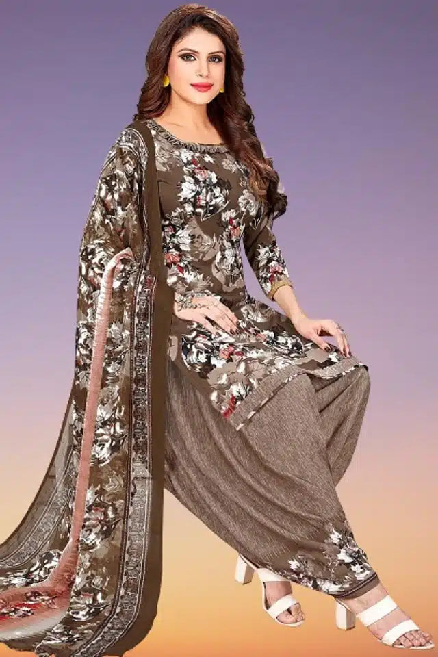 Brown Crepe Printed Dress Material