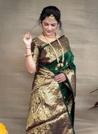 Elegant Green Banarasi Silk Saree – Heavy Gold Zari Woven Design with Grand Pallu & Unstitched Blouse (6.3 m)