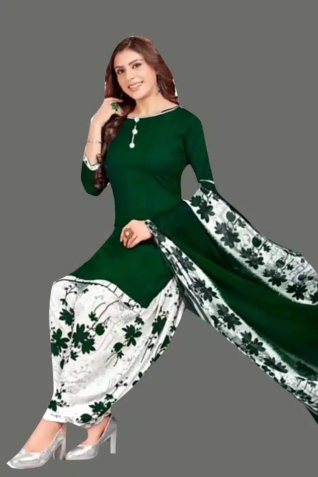 White Green Crepe Printed Dress Material