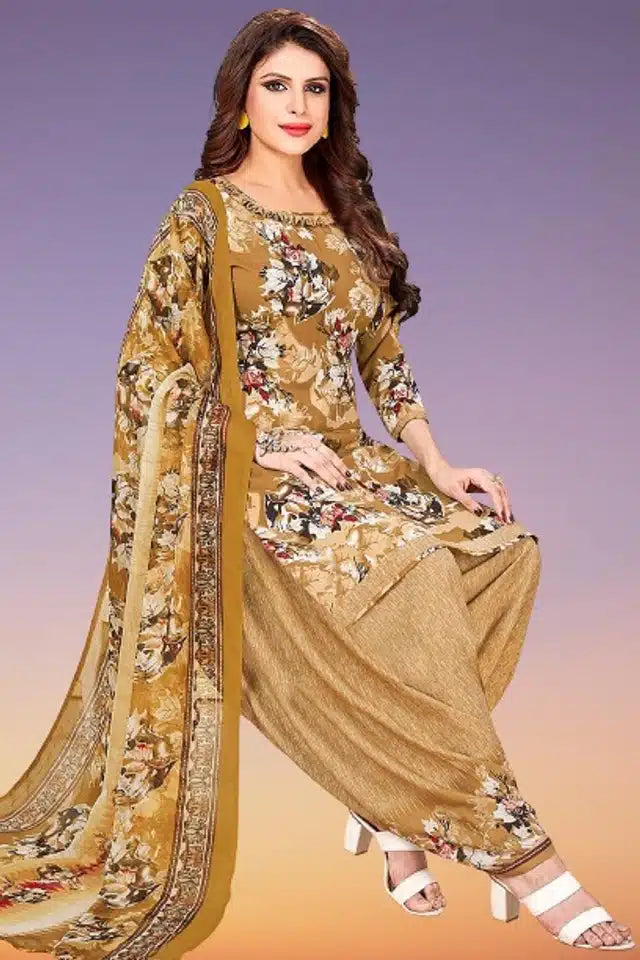 Beige Crepe Printed Dress Material