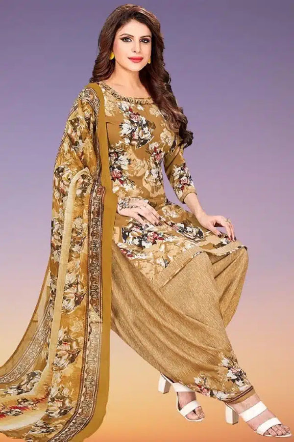 Beige Crepe Printed Dress Material