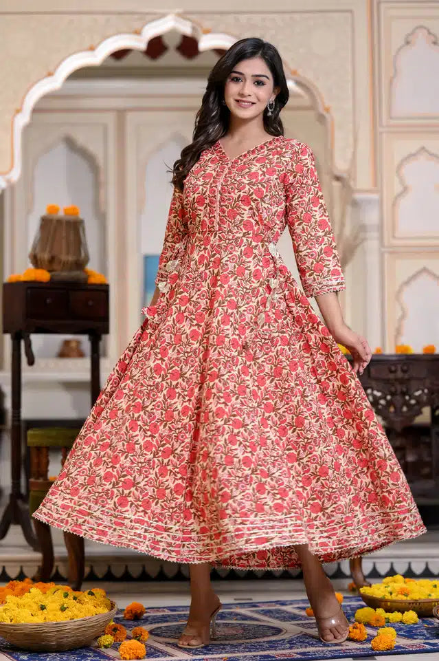 Red Cotton Printed Anarkali Kurti