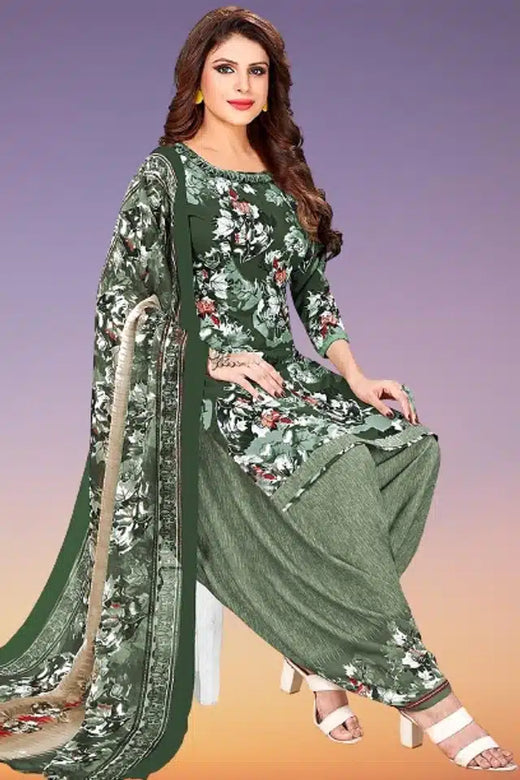 Green Crepe Printed Dress Material