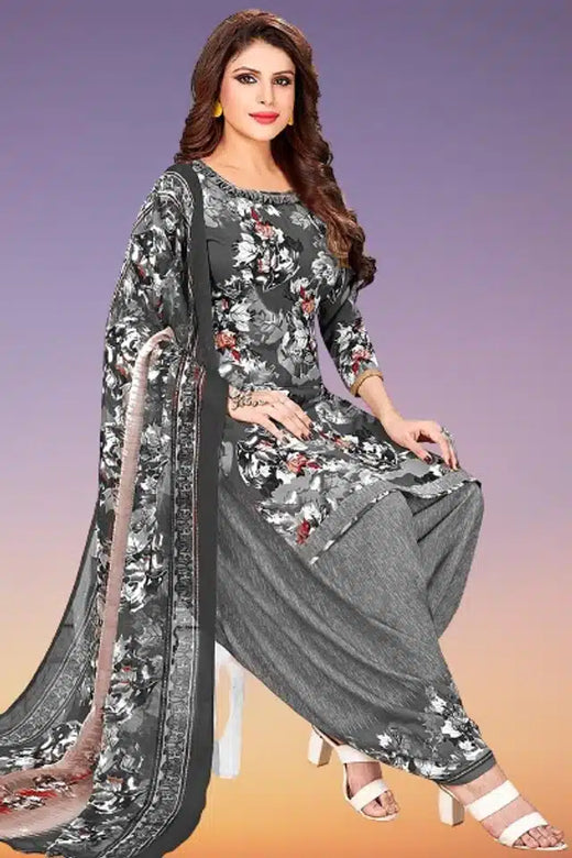 Grey Crepe Printed Dress Material
