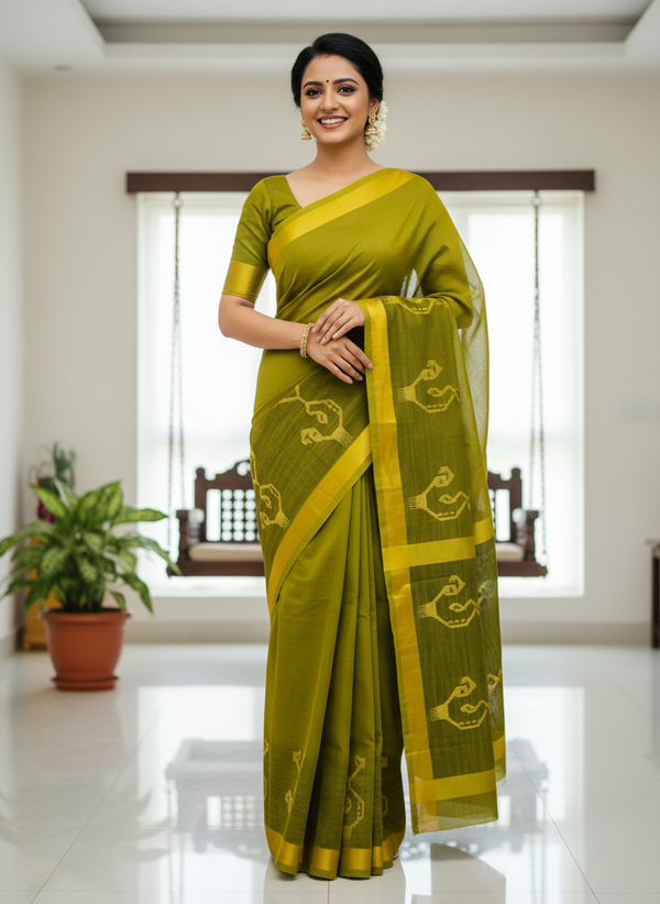 Olive Green Handloom Saree with Warli Art & Golden Yellow Border